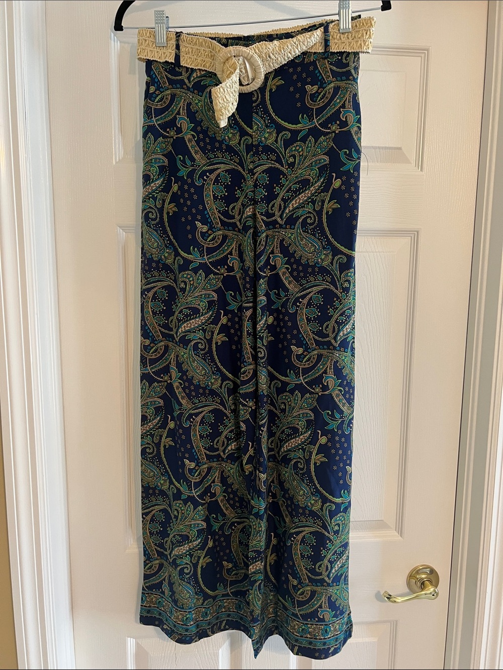 Chelsea & Theodore Navy Paisley Wide-Leg Pants with Braided Belt